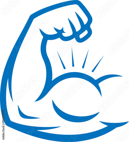 Obraz na plátne Blue muscular arm flexing with a ball vector graphic on transparent background