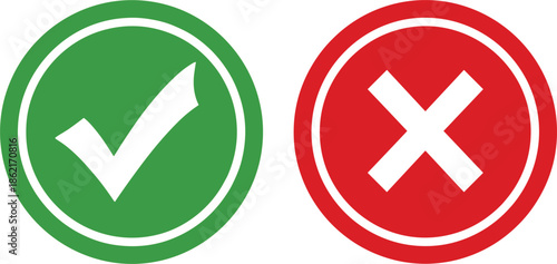 Vector illustration of a green circle with a white checkmark and a red circle with a white cross.