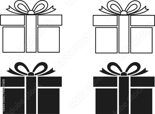 Vector icon set of gift boxes featuring black silhouette and white outline styles with ribbons and bows.
