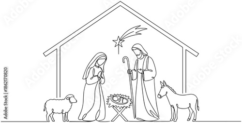 Minimalist nativity scene line art, holy family with baby Jesus Mary and Joseph, Christmas stable with star and farm animals sketch
