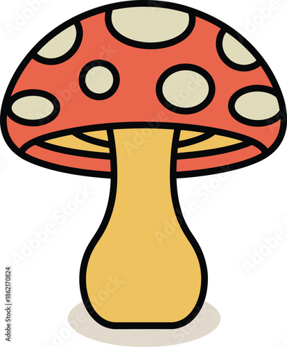 A colorful illustration of a classic toadstool mushroom with a spotted cap and thick stem