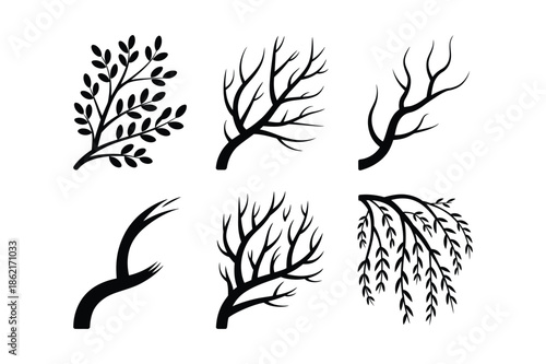 Bare Tree Branches and Leafy Twig Silhouettes Vector Set