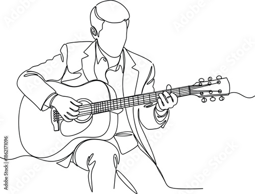 Minimalist line art illustration of faceless male guitarist playing acoustic guitar, elegant musician performance, modern continuous outline vector style design