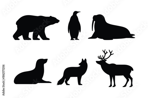Arctic and antarctic animal silhouettes set with polar bear