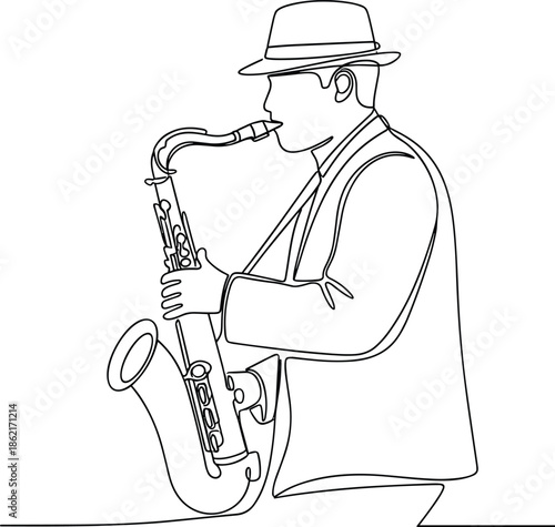 Minimalist line art illustration of jazz saxophone player wearing hat, musician performing live music, elegant continuous outline vector design style