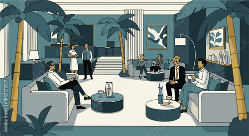 Illustration of a group of business professionals relaxing and socializing in a modern lounge with tropical decor and a calming blue color scheme.