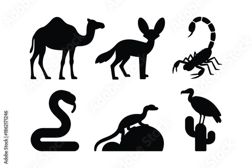 Desert wildlife silhouettes including camel and scorpion