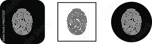 Vector set of fingerprint icons featuring white on black rounded square outline square and white on black circle.
