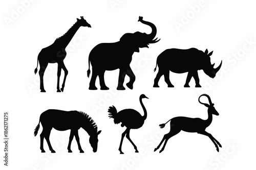 African savanna animal silhouettes featuring elephant and giraffe