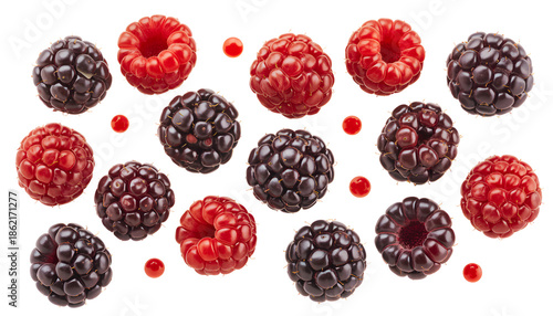 A vibrant collection of fresh raspberries and blackberries arranged in a scattered composition on transparent background
