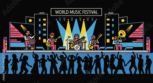 Illustration of a band performing on stage with a crowd dancing in front, at a music festival with colorful cityscape background.