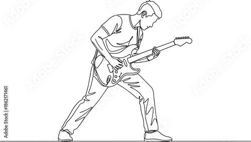 Minimalist line art illustration of a male guitarist playing electric guitar, dynamic music performance pose, modern outline vector design