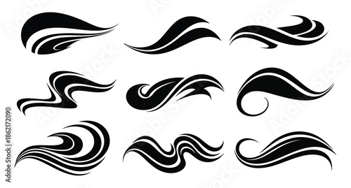 Collection of abstract black wave and swirl design elements isolated on white