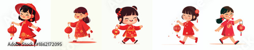 vector of a little girl walking carrying a Chinese New Year lantern