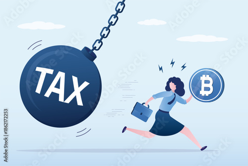 Businesswoman runs away from financial problems with cryptocurrency. Woman investor with bitcoin under tax burden, debt pressure.