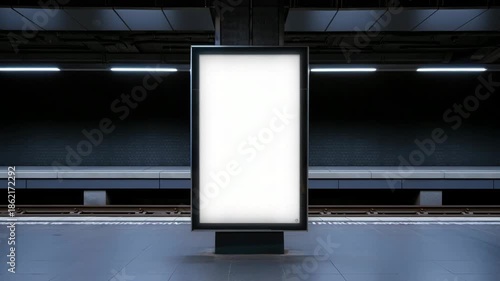 Blank advertising billboard in modern subway station with moving train background, urban transport marketing display, clean poster mockup with copy space, public transit branding concept, contemporary