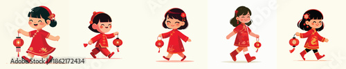 vector of a little girl walking carrying a Chinese New Year lantern