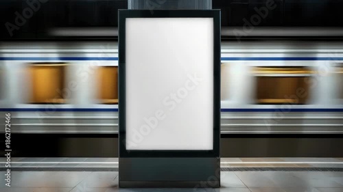 Vertical city advertising screen in metro station with blank banner space digital signage, public announcement, media marketing, transportation promotion, smart urban communication, branding display