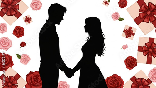 Couple Holding Hands Surrounded by Roses and Gift Boxes on Valentine's Day