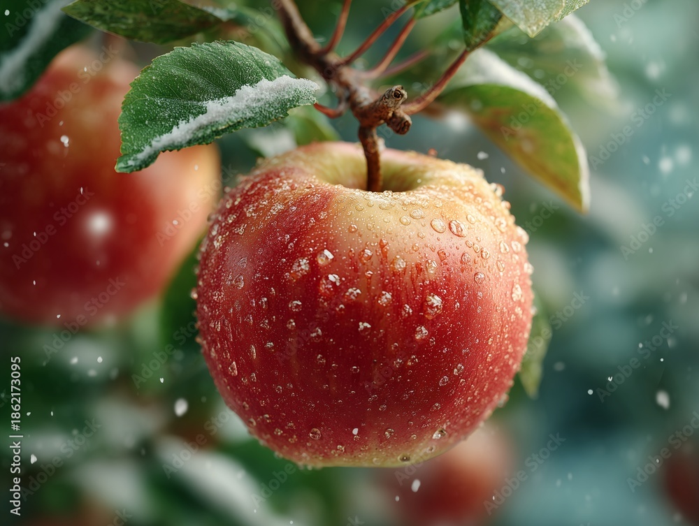 Obraz premium Fresh organic red apple hanging on branch with water drops and winter snow flakes in frosty garden nature background