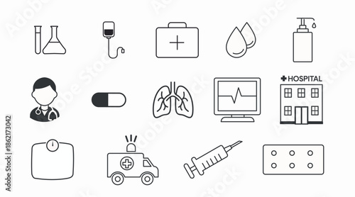 A clean black and white vector icon set featuring essential medical and healthcare symbols. Includes hospital icons, doctor tools, health equipment, and emergency signs. Perfect for apps, websites, in