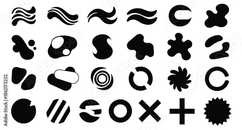 Collection of abstract black line art shapes and fluid organic forms