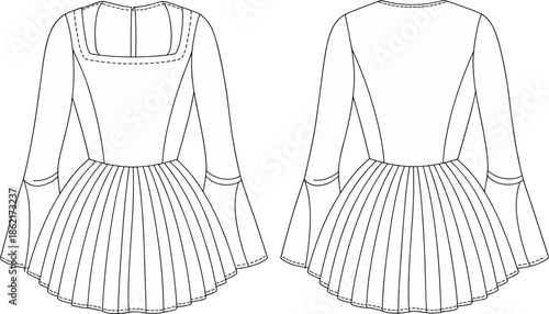 Front and back view technical fashion illustration of long sleeve pleated dress with square neckline, vector outline garment design