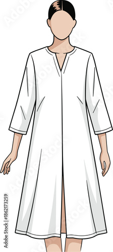Minimalist flat fashion illustration of white long tunic dress on female figure, modern vector clothing design style