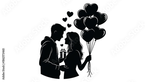 Couple sharing a romantic kiss under black balloons on a white background