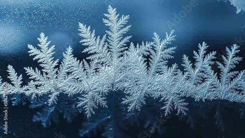 Delicate frost patterns bloom across a windowpane in a winter scene
