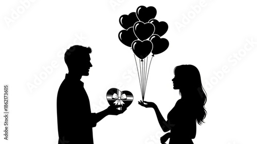 A man and woman facing each other holding heart-shaped balloons and a ring