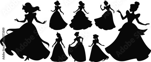 Princess silhouettes collection, fairy tale royal women gowns, elegant fantasy characters vector set, black dress illustrations isolated white background design