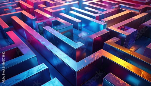 Abstract Maze with Vibrant Colors and Metallic Texture.