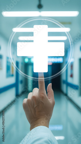 First-Person Hand Touching Holographic Medical Cross in Hospital Hallway