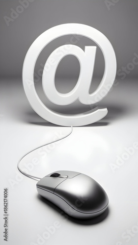3D Render of Glossy White @ Symbol Floating Above Silver Computer Mouse