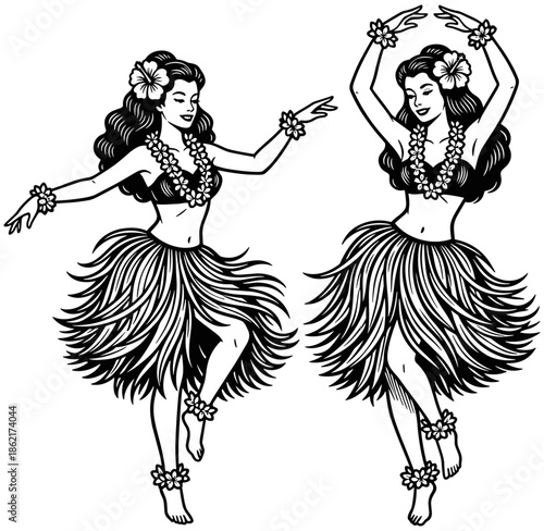 Vintage black and white illustration of two Hawaiian hula dancers in traditional grass skirts and lei performing a tropical dance