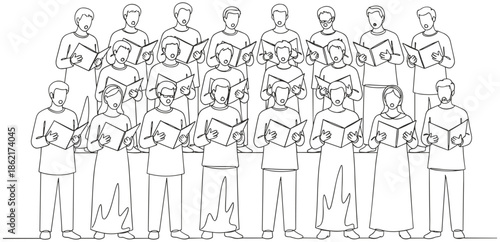 Continuous line drawing of a choir group singing from songbooks, music ensemble performing vocal harmony, minimalist vector sketch of choral singers