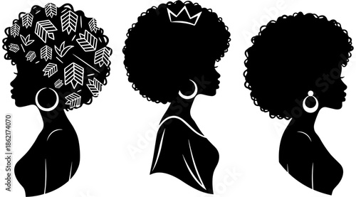 Set of black woman silhouettes with afro hairstyles featuring artistic patterns a crown and hoop earrings for black girl magic branding