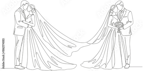 Romantic wedding couple line art illustration of bride and groom in two poses for wedding invitations marriage and bridal showers