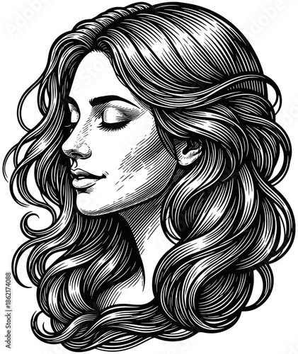 Detailed black and white line art illustration of a beautiful woman with long wavy hair in profile for beauty and haircare branding