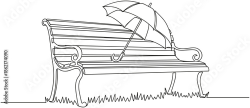 Continuous line drawing of a park bench with an umbrella on a rainy day, outdoor furniture landscape minimalist sketch vector illustration