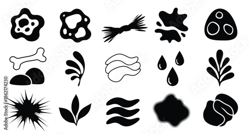Collection of hand drawn black and white nature and organic shapes