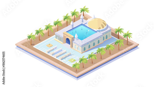3D isometric vector illustration of a modern mosque with a large courtyard, palm trees, and soft ambient lighting, pastel blue and gold color scheme, high-quality render style.