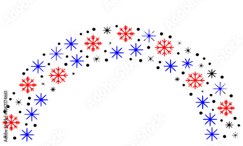 Decorative Christmas snowflake border and winter holiday frame, blue and red crystal snowflakes arch with black dots, creative seasonal greeting card background and festive celebration vector