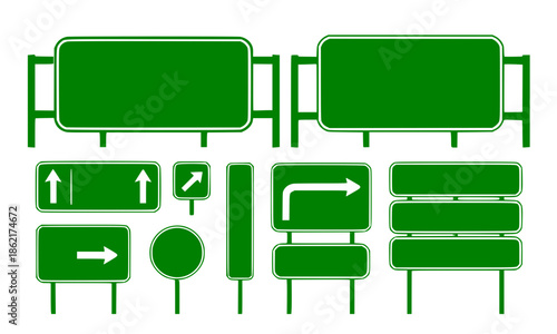 Blank green highway road sign collection, empty directional street board set with white arrows for navigation, mockup of motorway traffic information billboards and city guide vector elements