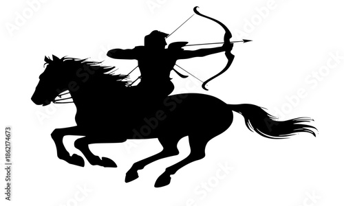 Horse archer silhouette, black stallion galloping with warrior aiming bow and arrow, nomadic cavalry archer on horseback, traditional military warrior and equestrian sports vector illustration