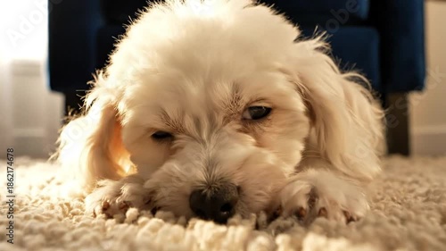 Adorable white dog lying on a plush carpet near a blue armchair, appearing to sulk and close eyes playfully