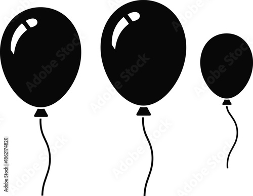 Balloon vector icons, black silhouettes of floating helium balloons with strings for birthday party celebration design elements