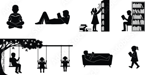 Children reading books collection, black vector silhouettes of kids studying in library, on swing and sofa for education design