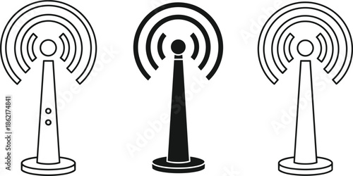 Antenna icon set, wireless signal tower, radio broadcast station, wifi network symbol, telecommunication connection, solid and outline vector illustration.
